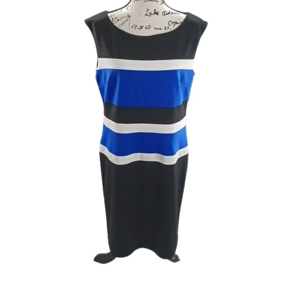 Sandra Darren Colorblock Sheath Dress Womens Size 14 Blue Black White Sleeveless